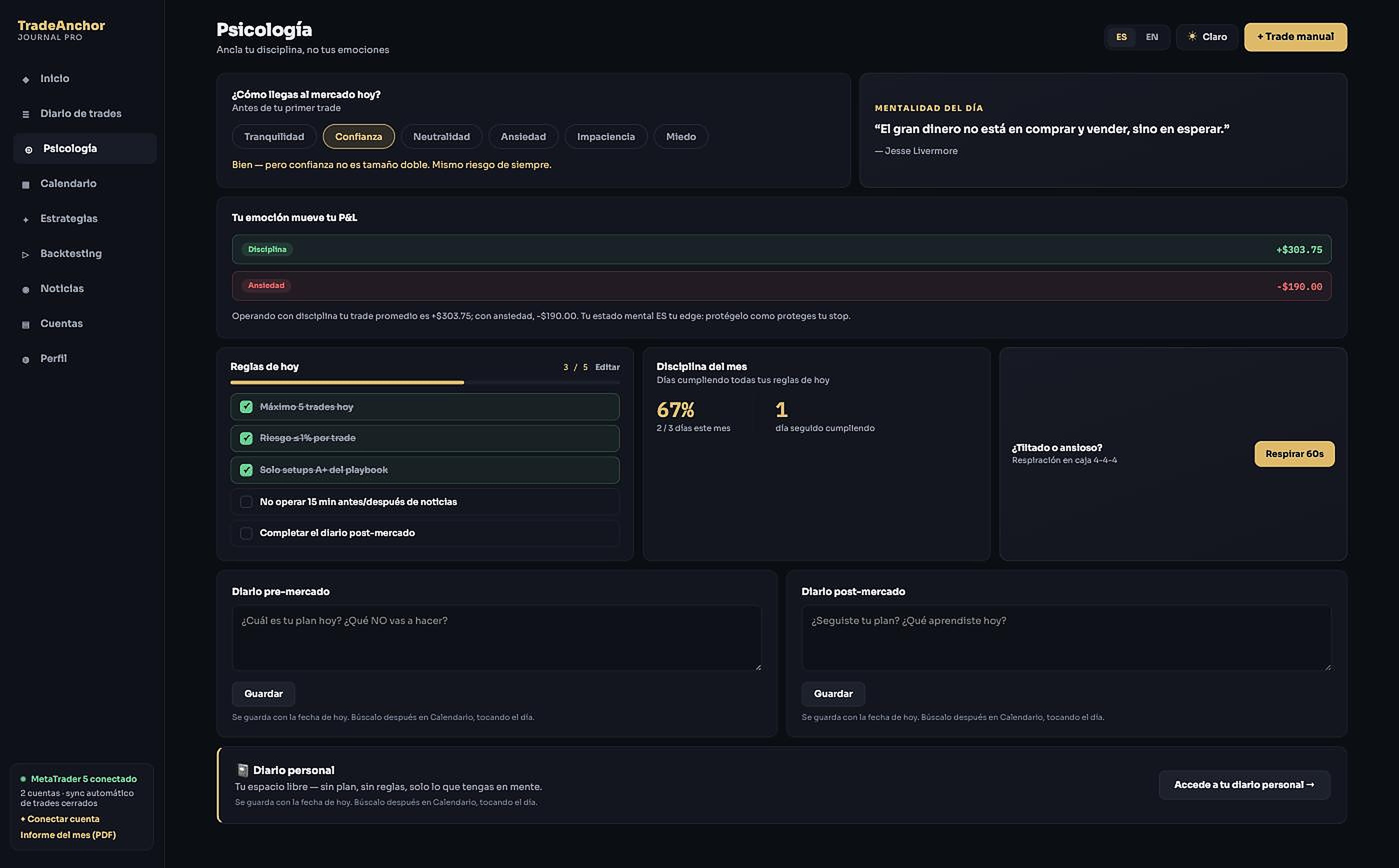 Check-in emocional y análisis de emoción vs P&L en TradeAnchor